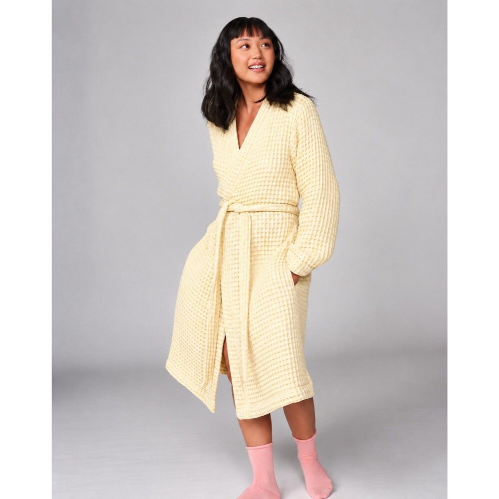 Brooklinen Dreamweave Waffle Bathrobe Large Butter Yellow Turkish Cotton  NWT